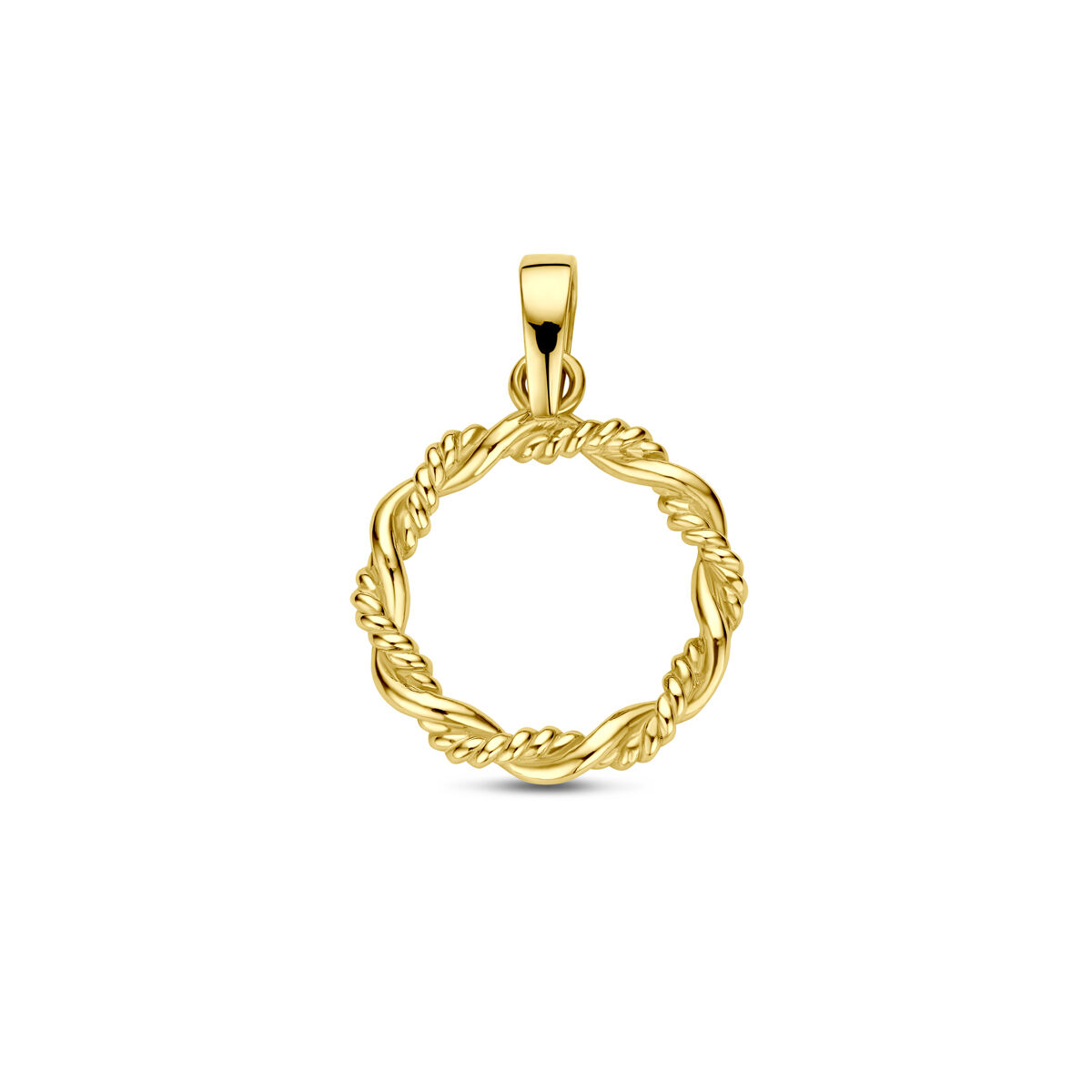 Geelgouden ronde hanger met een gedraaid en stijlvol ontwerp